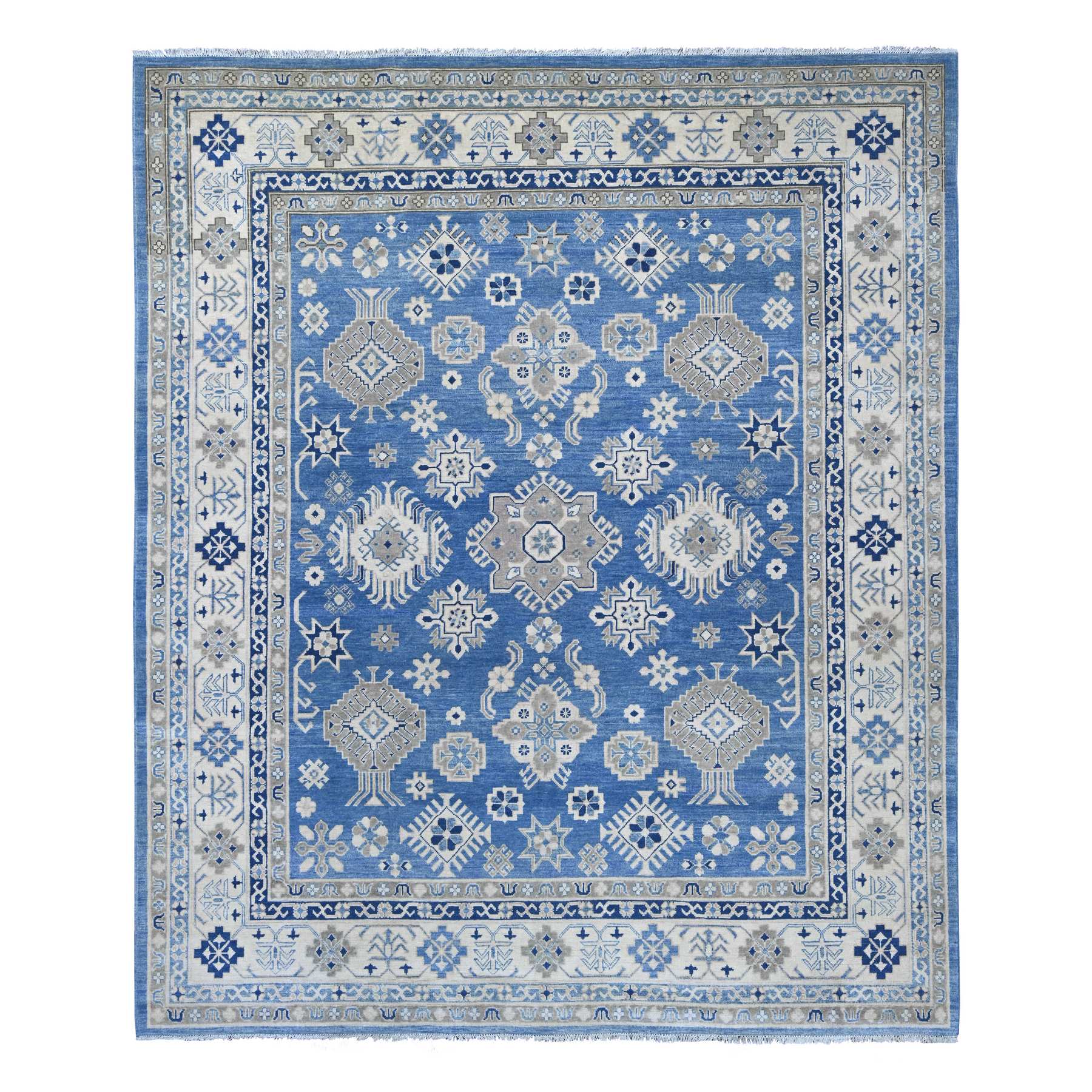 8'2"x9'7" Bayern Blue, Vintage Look Kazak with Geometric Floral Elements, 100% Wool, Hand Knotted, Natural Dyes, Oriental Rug 